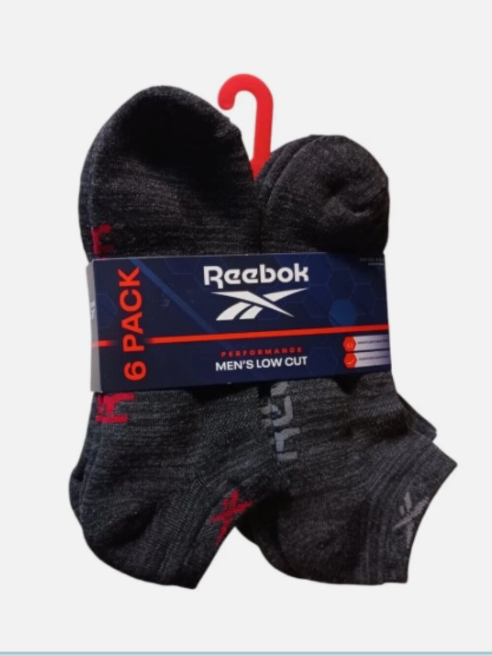 Rebook Mens Socks Low Cut, Grey/Red, 6-12.5, 6 Pack